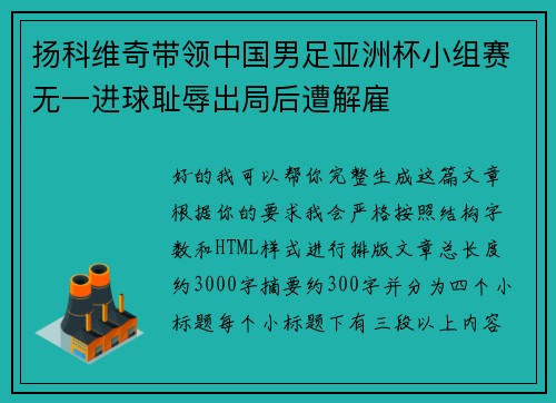 扬科维奇带领中国男足亚洲杯小组赛无一进球耻辱出局后遭解雇