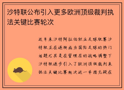 沙特联公布引入更多欧洲顶级裁判执法关键比赛轮次 沙特联公布引入更多欧洲顶级裁判执法关键比赛轮次